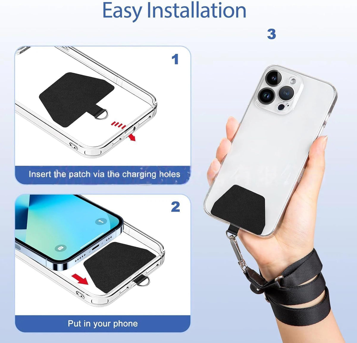 商品图片 3 | B0G4D7VYX6 | Phone Lanyard, Adjustable Neck Strap & Phone Patches, Compatible with Most Smartphones, Black/Grey Lanyards