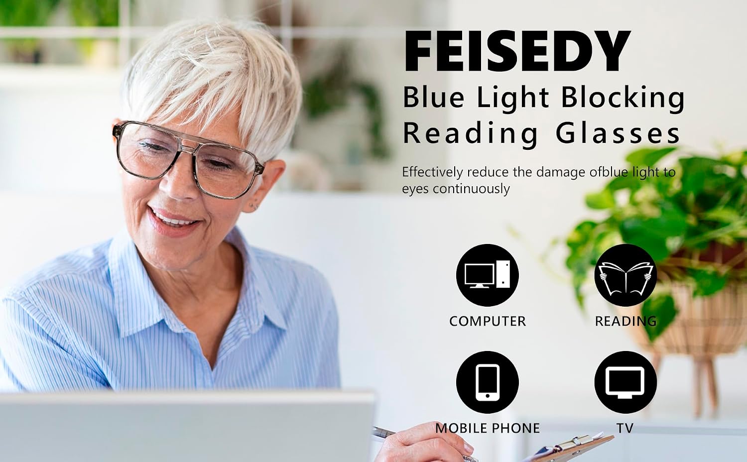 商品图片 10 | B0CHJST8ZK | FEISEDY Retro Aviator Reading Glasses Women Men Blue Light Blocking Reader Plastic Lightweight Frame B0071