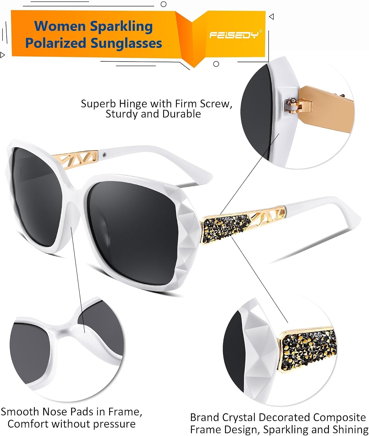 商品图片 43 | B079GT4RXH | FEISEDY Polarized Women Square Sunglasses Sparkling Composite Shiny Frame B2289