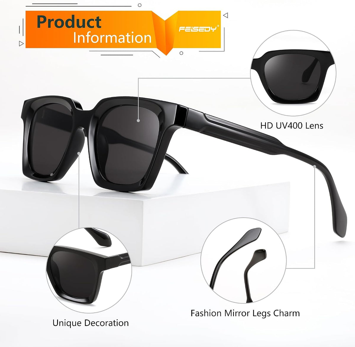 ÉÌƷͼƬ 4 | B0D7CC769X | FEISEDY Retro Square Sunglasses Women Men Trendy Rectangle Thick Frame Shades Classic Designer Sun Glasses B0198