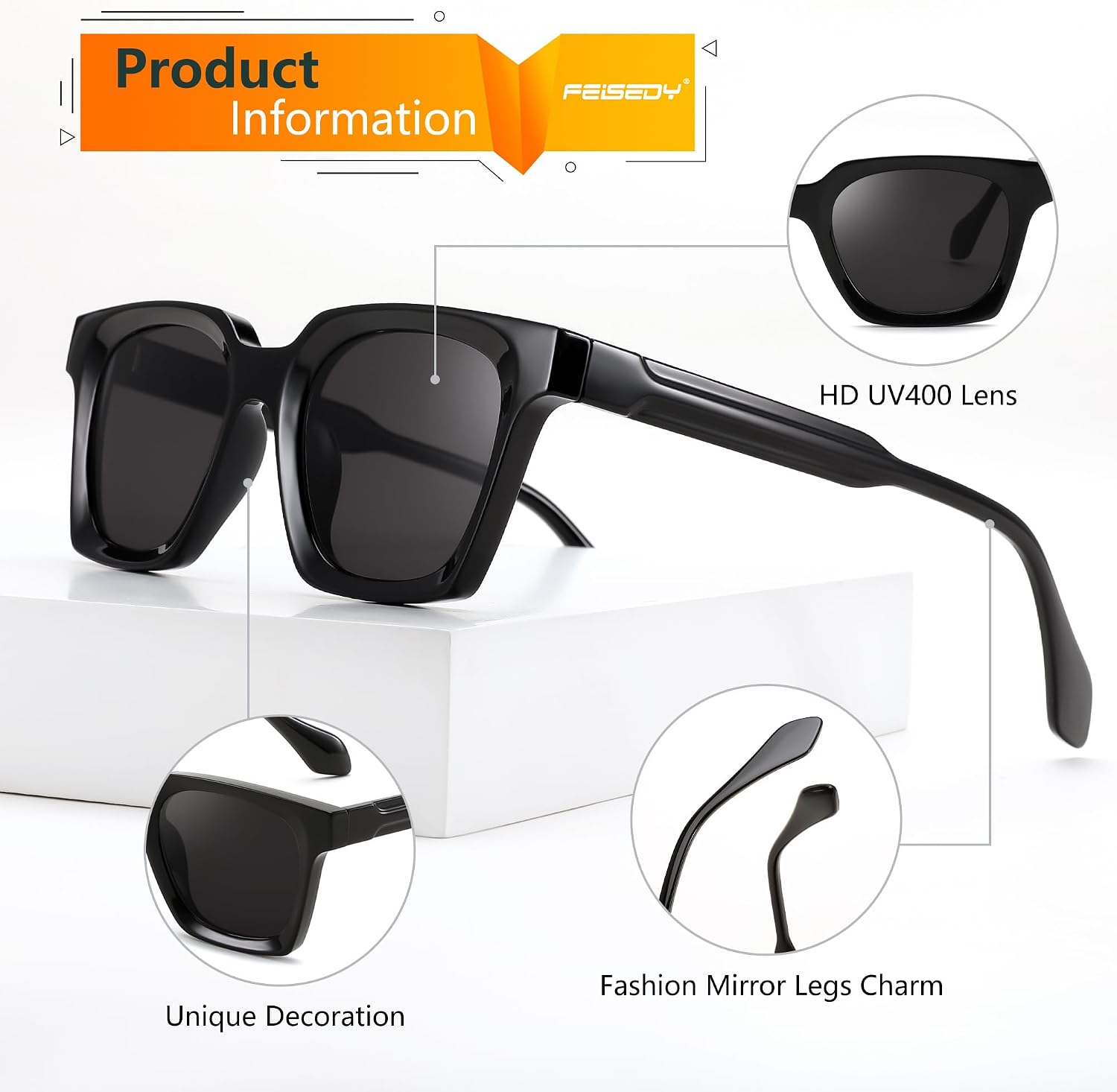 商品图片 4 | B0D7CC769X | FEISEDY Retro Square Sunglasses Women Men Trendy Rectangle Thick Frame Shades Classic Designer Sun Glasses B0198
