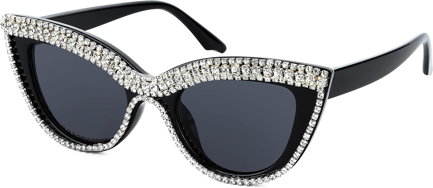Stripe Diamond / 51 Millimeters | B0BZ7VD5C4 | FEISEDY Oversized Women Cat Eye Rhinestone Sunglasses Costume Party B2360