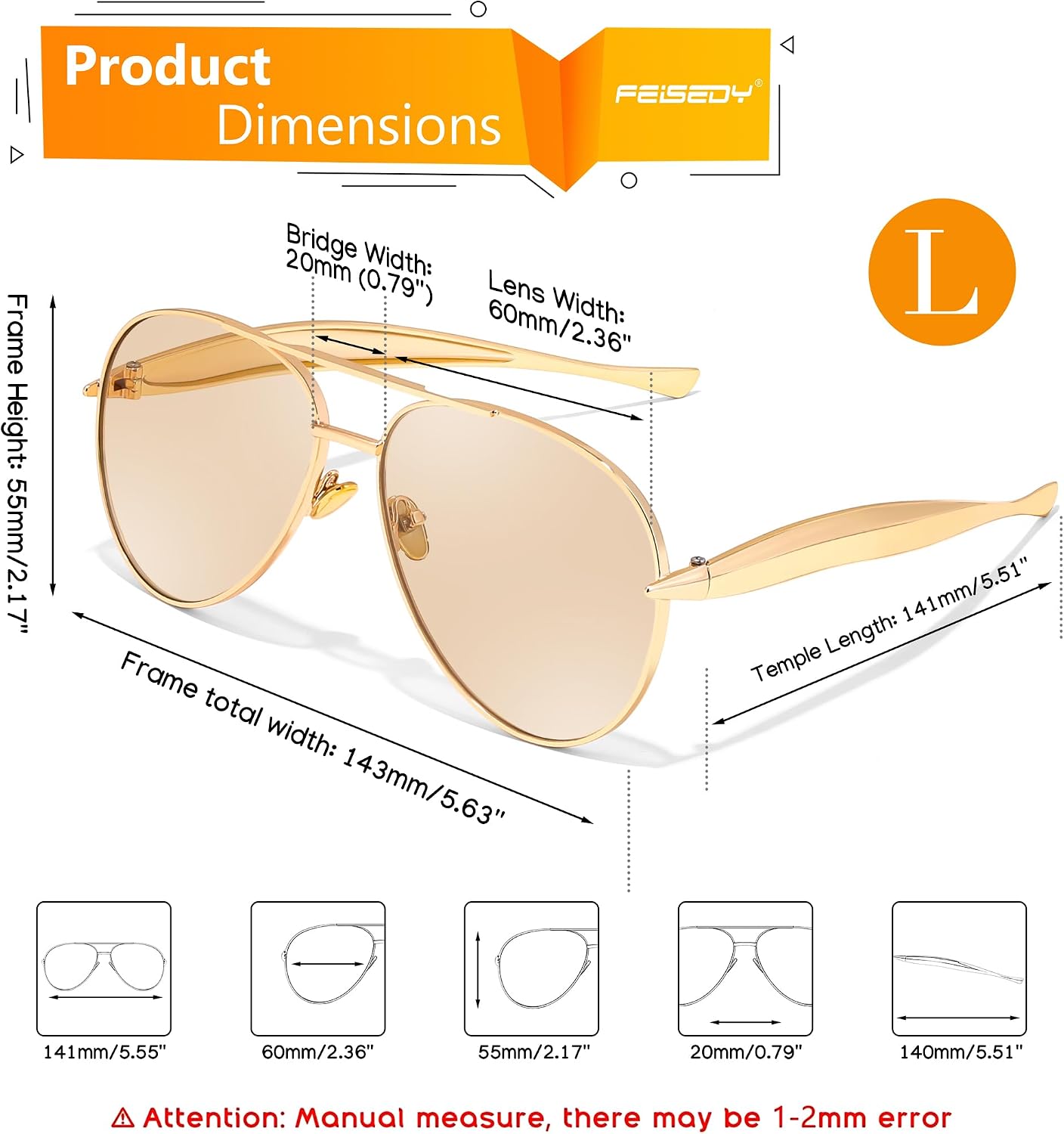 商品图片 33 | B0FKML2SSC | FEISEDY Oversized Aviator Sunglasses Women Men - Retro Gold Metal Chunky Frame, UV400 for Driving & Daily Wear B0311