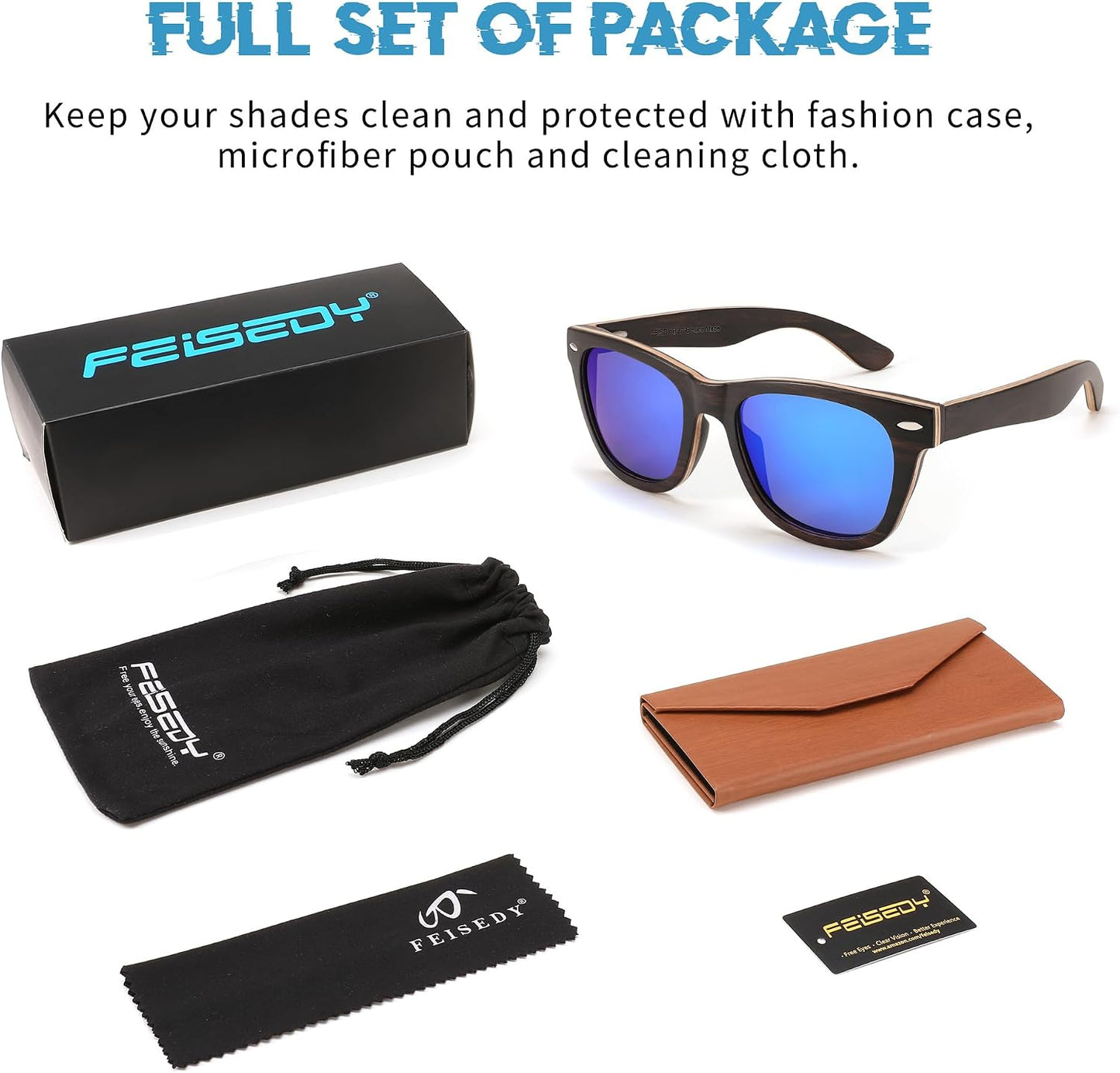 商品图片 6 | B0C9X27861 | FEISEDY Woodes Sunglasses Polarized for Women Men, Bamboo Wood Handmade Frame, Classic Square UV400 Protection B0006