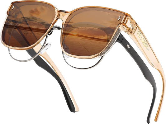 Champagne Frame & Tea / 64 Millimeters | B0DPWK6XFW | FEISEDY Sunglasses That Fit Over Glasses for Women Men UV400 B0269