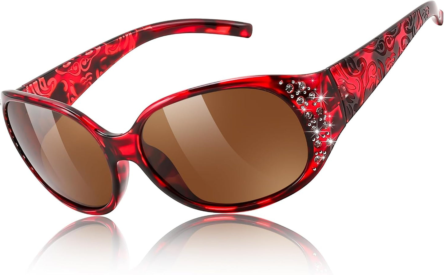 Red Tortoiseshell Frame & Tea Lens / 57 Millimeters | B0H3K92XGL | FEISEDY Women's Polarized Sunglasses Wrap Around Rhinestone Design Fashion Sunnies UV400 Protection B1091