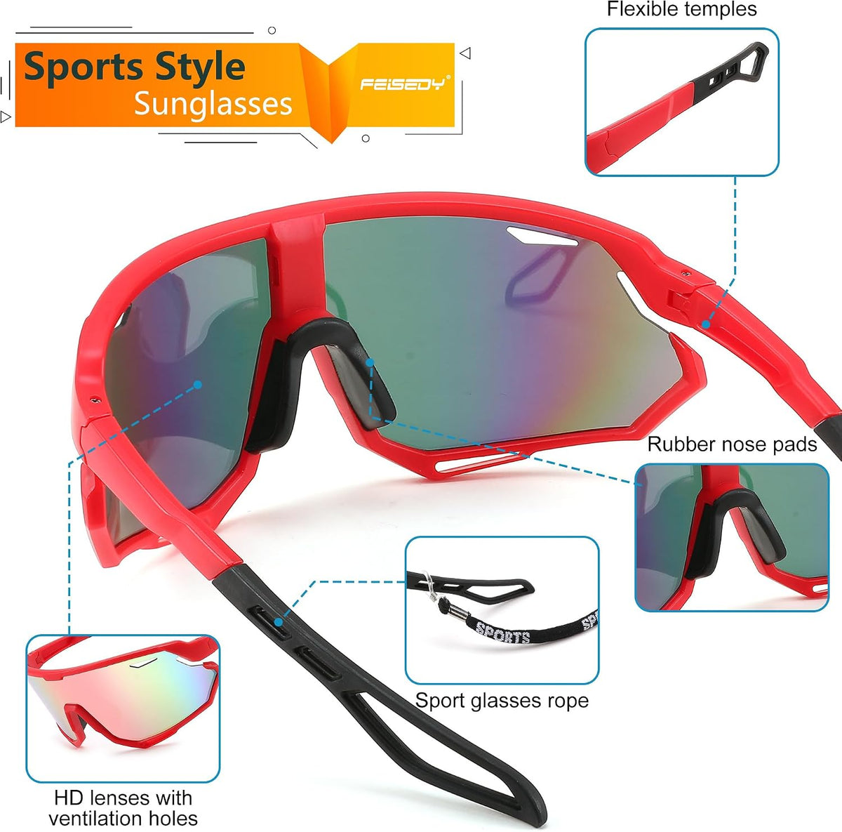 ÉÌƷͼƬ 25 | B0CNGK88DC | FEISEDY Sport Sunglasses for Men Women, Cycling Glasses with UV Protection, for Baseball, Ski, Runing, Golf B0082