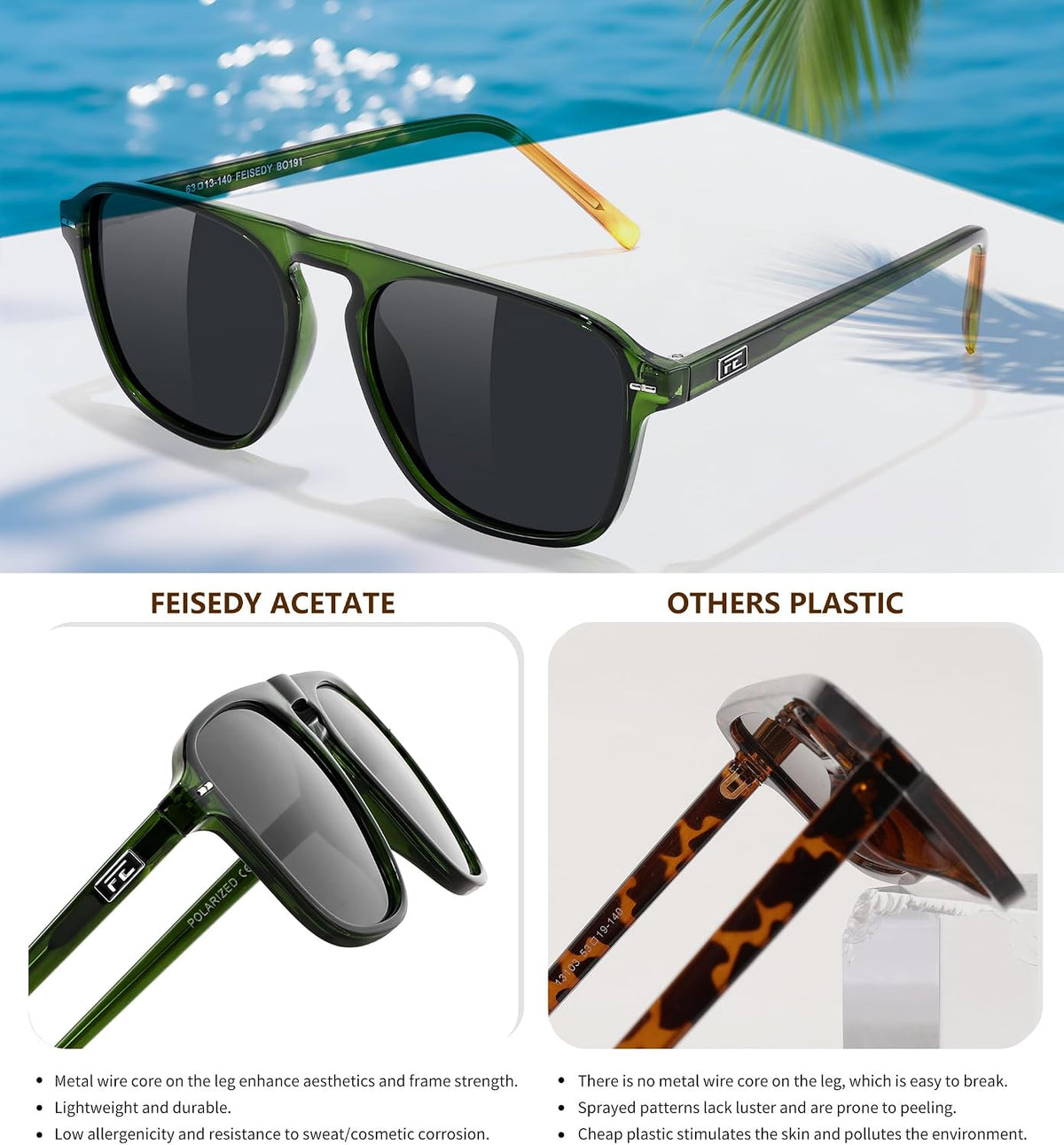 ÉÌƷͼƬ 24 | B0F4D461TF | FEISEDY Polarized Aviator Mens Sunglasses Square Modern Women Vintage Style Acetate Frame UV400 B0191