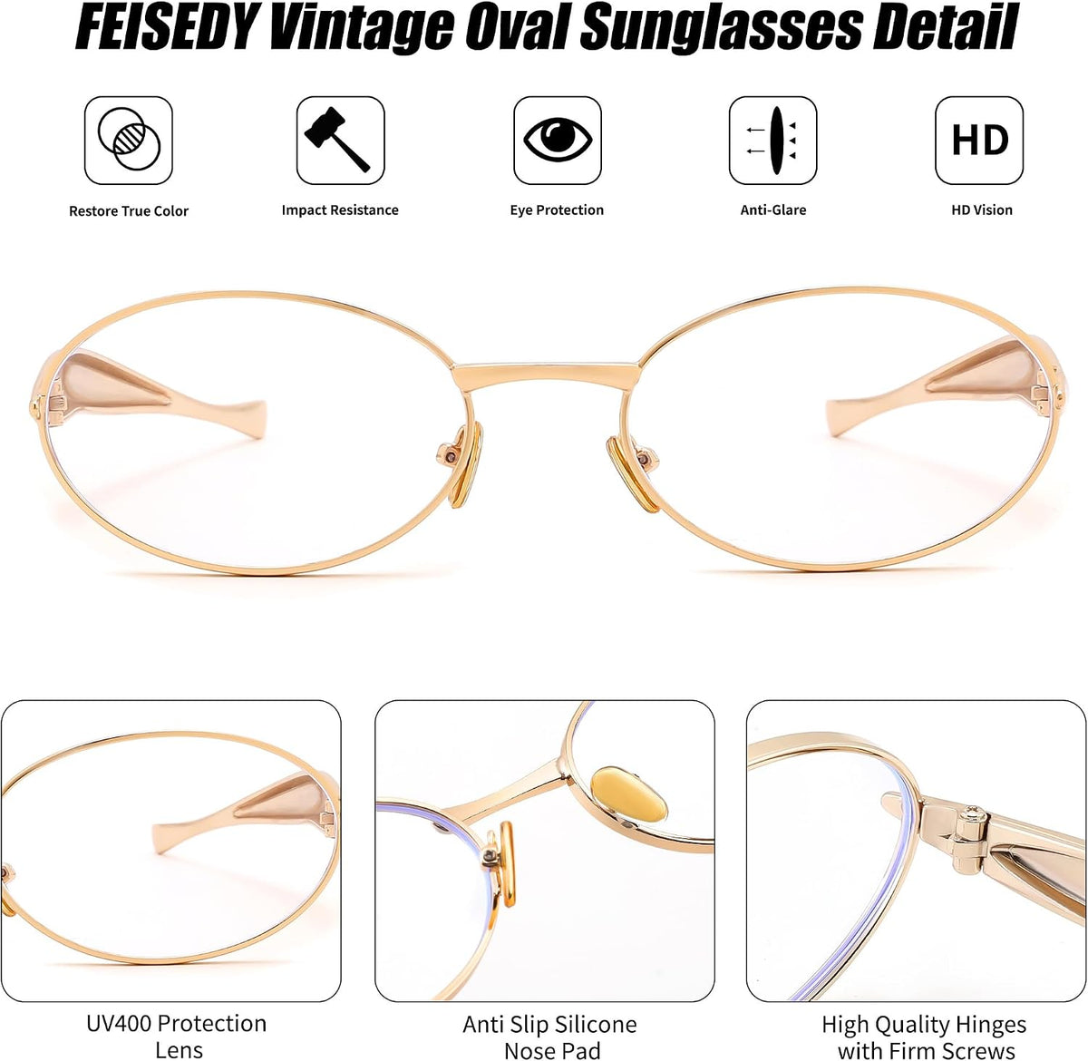 ÉÌƷͼƬ 17 | B0FH4FH8VH | FEISEDY Retro Oval Sunglasses Women Men - Gold Metal Chunky Frame, UV400 for Driving & Daily Wear B0312