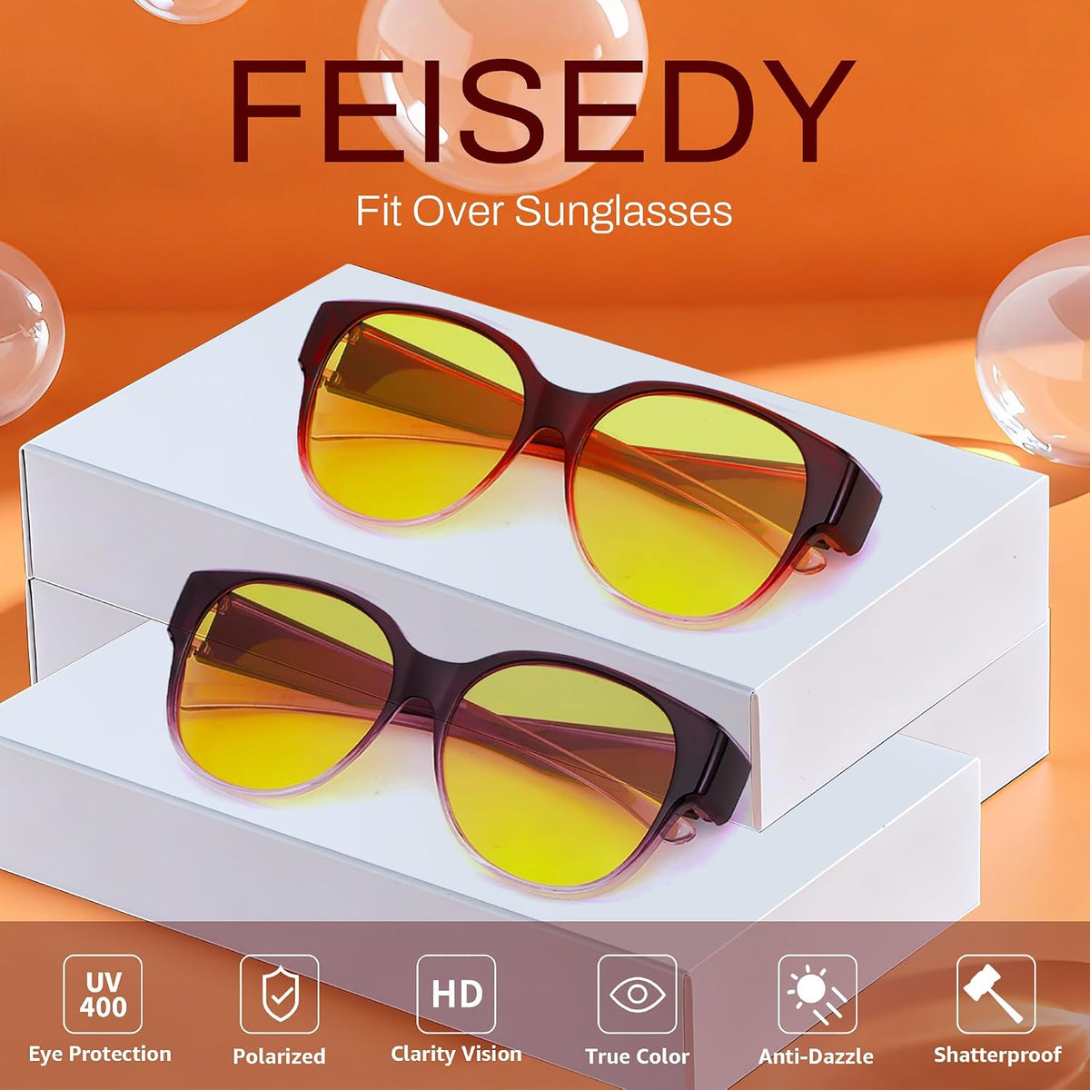 ÉÌƷͼƬ 20 | B0FX4NQCGM | FEISEDY 2Pack Night Driving Glasses Over Glasses with Yellow Lenses Fit Over Polarized Nighttime Sunglasses B0331