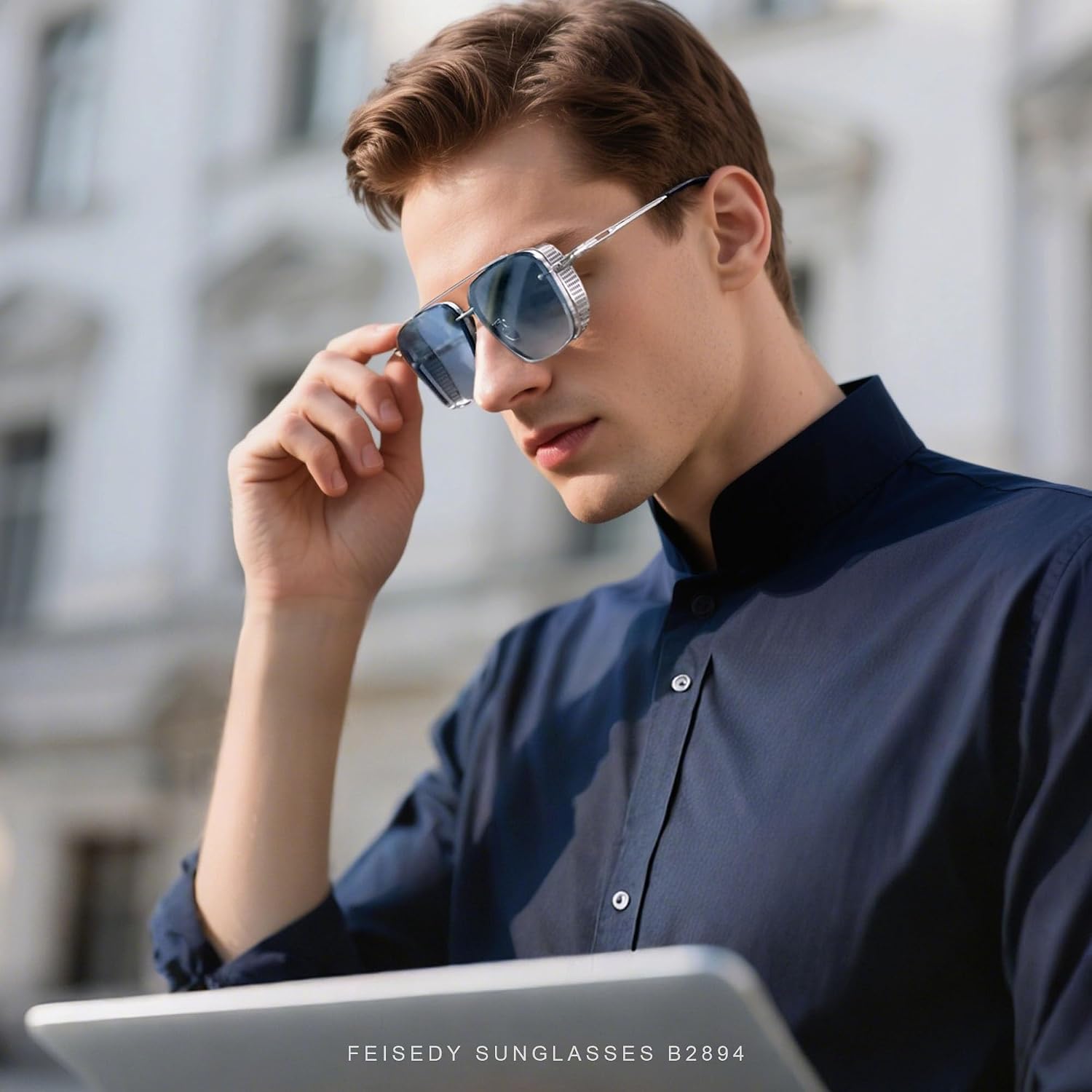商品图片 21 | B09SDC5BD5 | FEISEDY Sunglasses Mens Women Vintage Pilot Square Trendy Metal Steampunk Fishing Driving Sun Glasses B2894