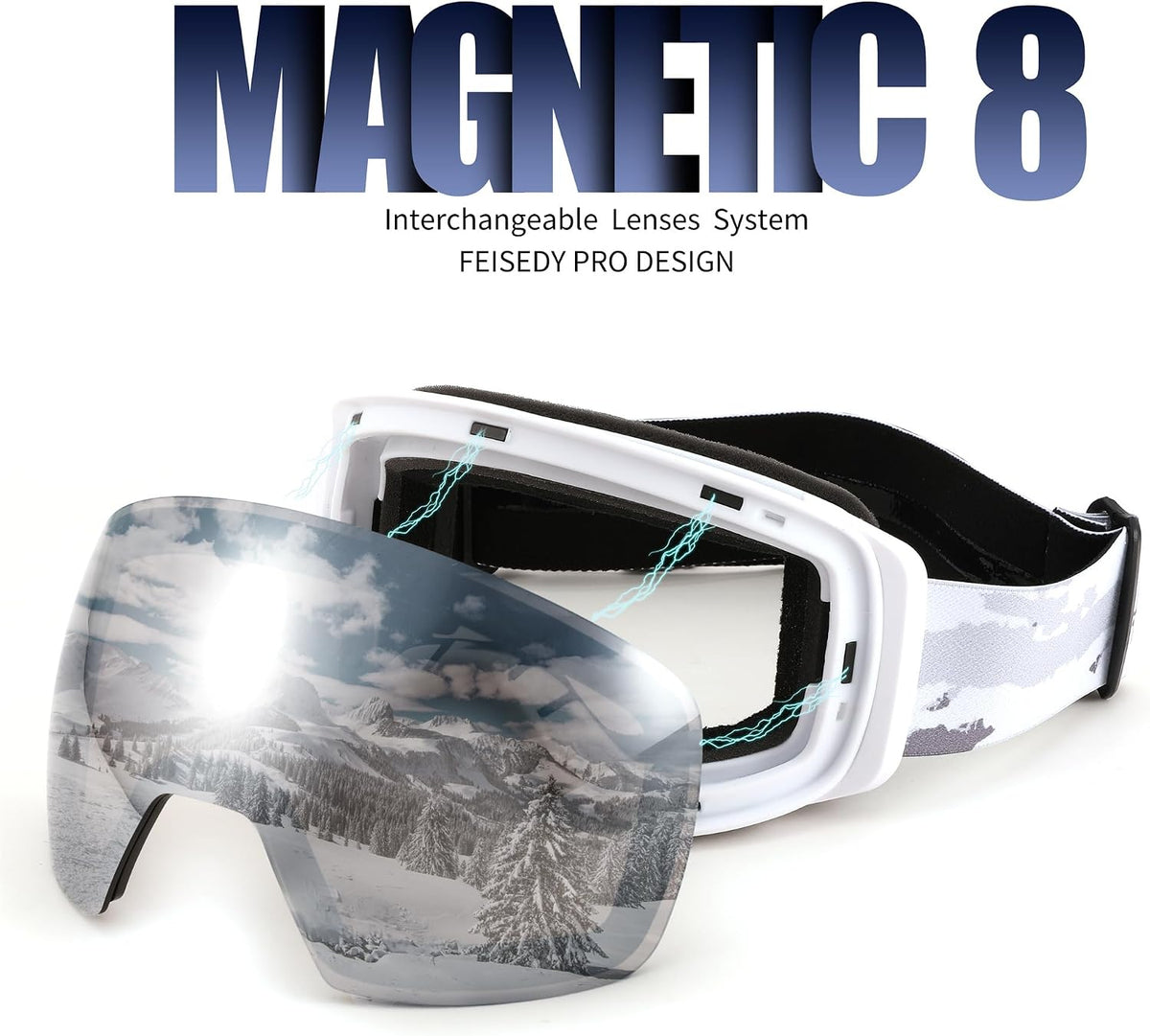 商品图片 3 | B0CD3JFB1C | FEISEDY Magnetic Ski Goggles for Men Women Youth Frameless Snow Goggles 100% UV Protection Snowboard Goggles B0020
