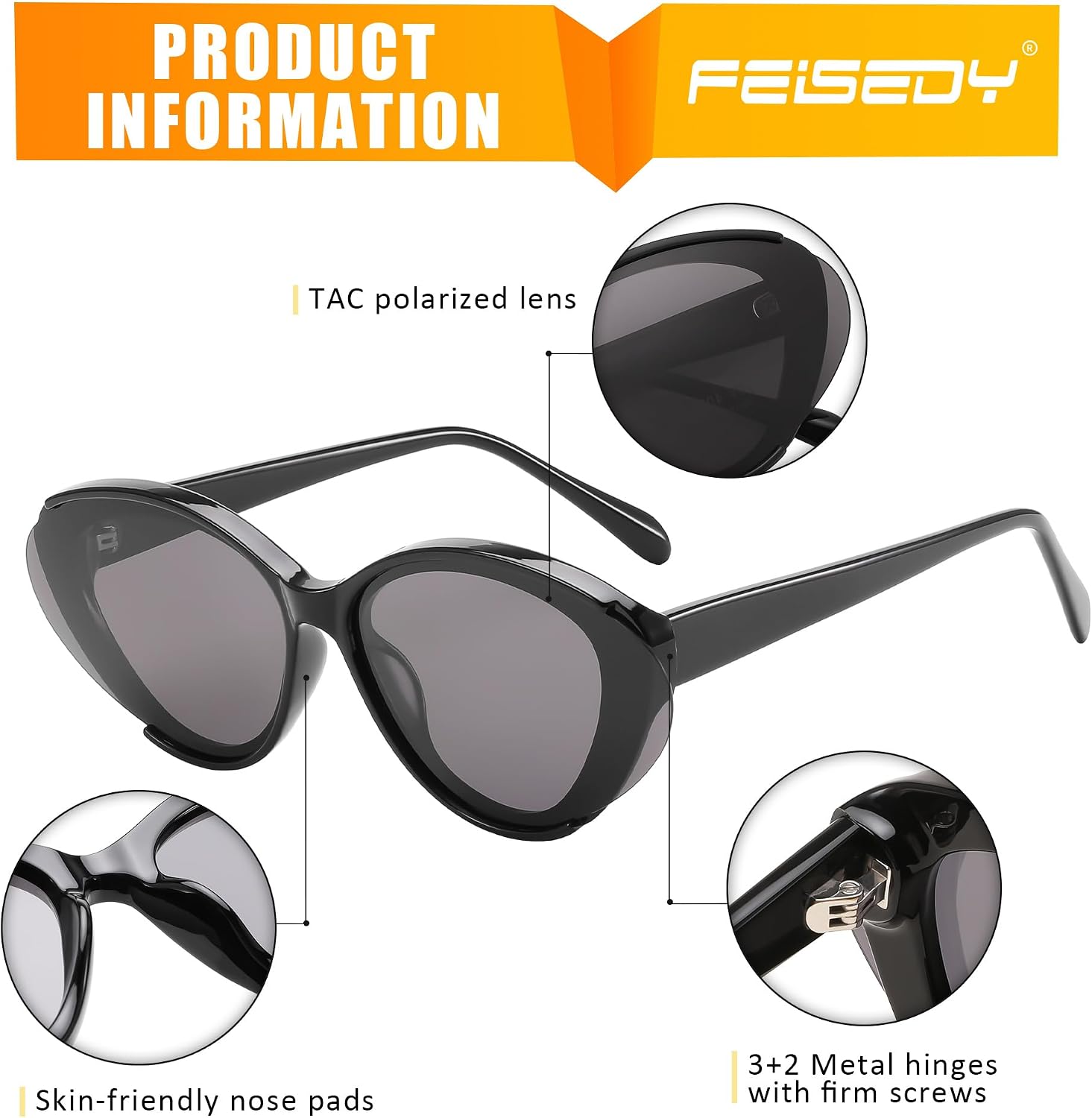 商品图片 6 | B0D6YJVTMS | FEISEDY Retro Polarized Cat Eye Sunglasses Women Trendy Mirrored Classic Designer Sunglasses UV Protection B0197