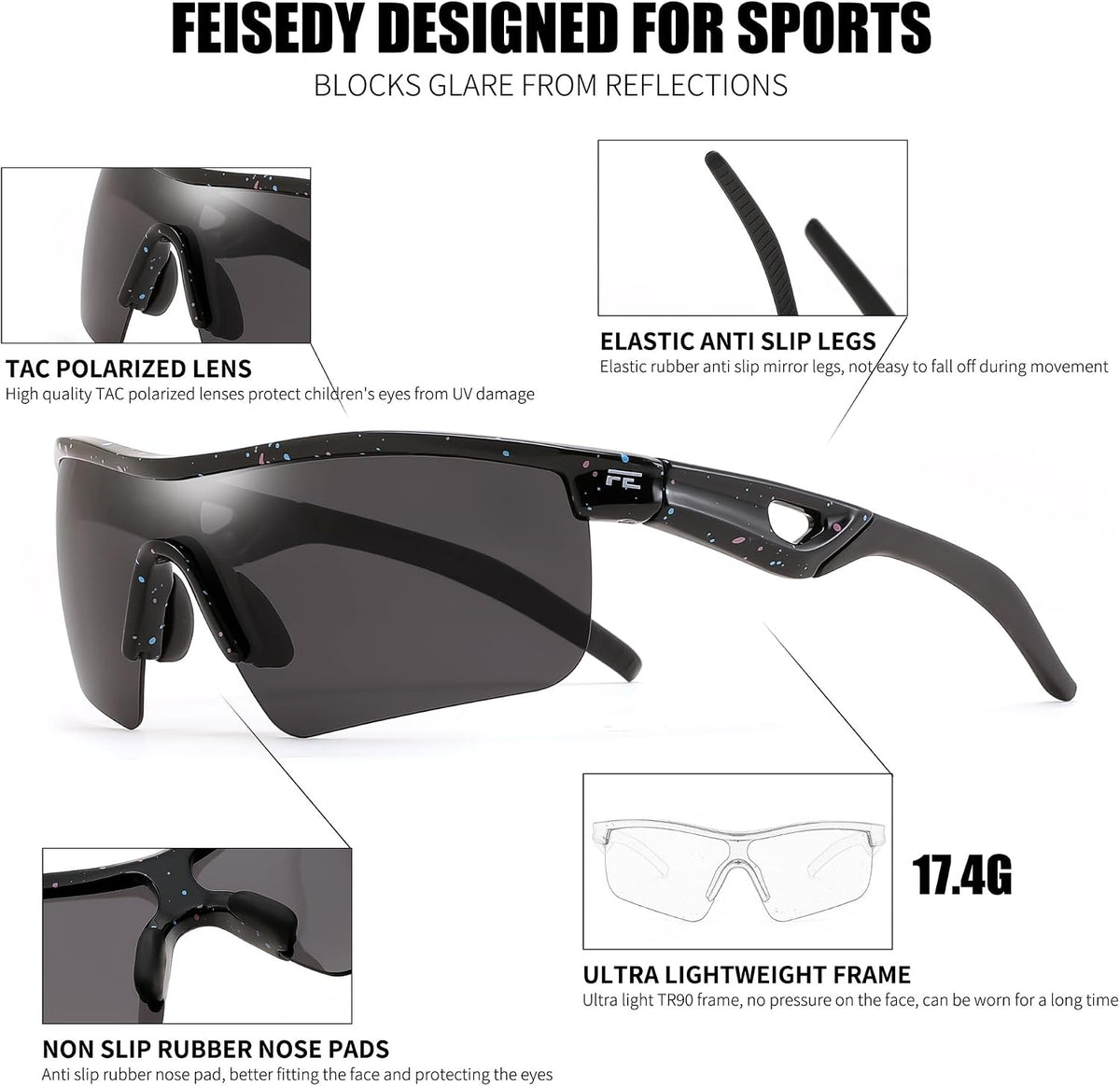 ÉÌƷͼƬ 11 | B07JZ18KMZ | FEISEDY Kids Polarized Sports Sunglasses, TR90 UV400 Baseball Cycling