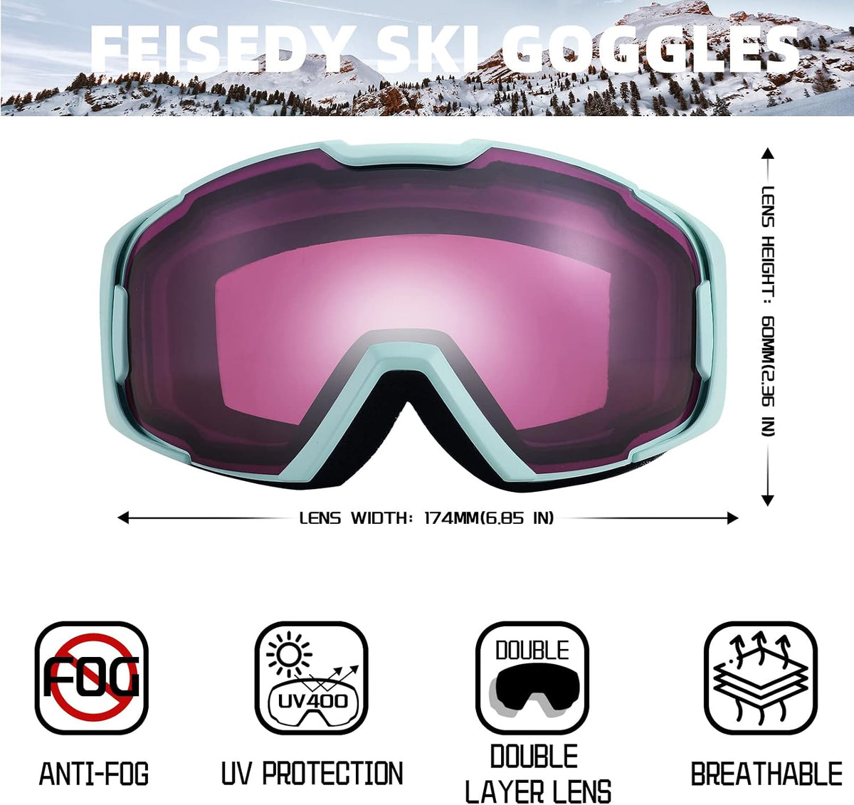 商品图片 51 | B0GHRB6WCQ | FEISEDY Ski Goggles, OTG Snow Sport Goggles for Adult Youth, Anti-Fog UV400 Protection Bendable Dual-Lenses B2961