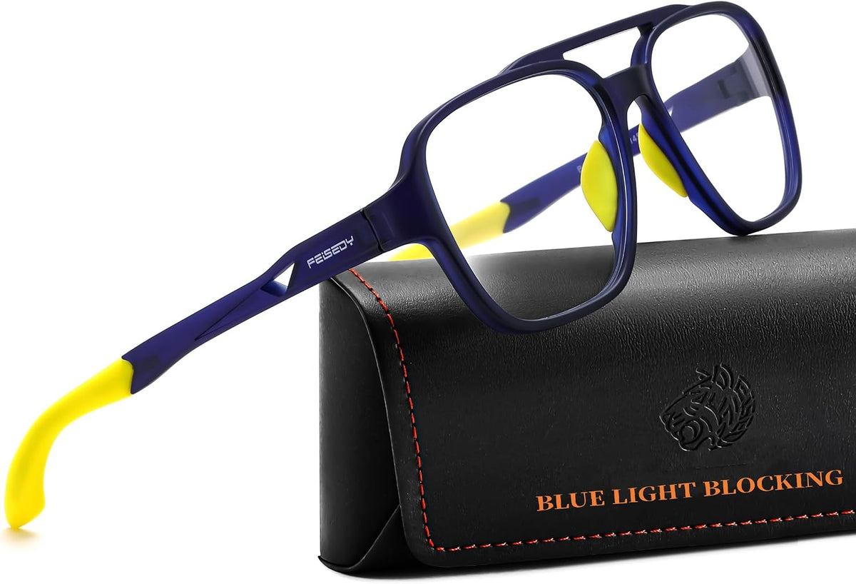 Matte Transparent Blue/Yellow Leg / Vintage Double Bridge | B0DR82BN6J | FEISEDY Sports Blue Light Glasses for Men Lightweight Anti Slip Running Cycling Square Glasses Computer Eyeglasses B0156