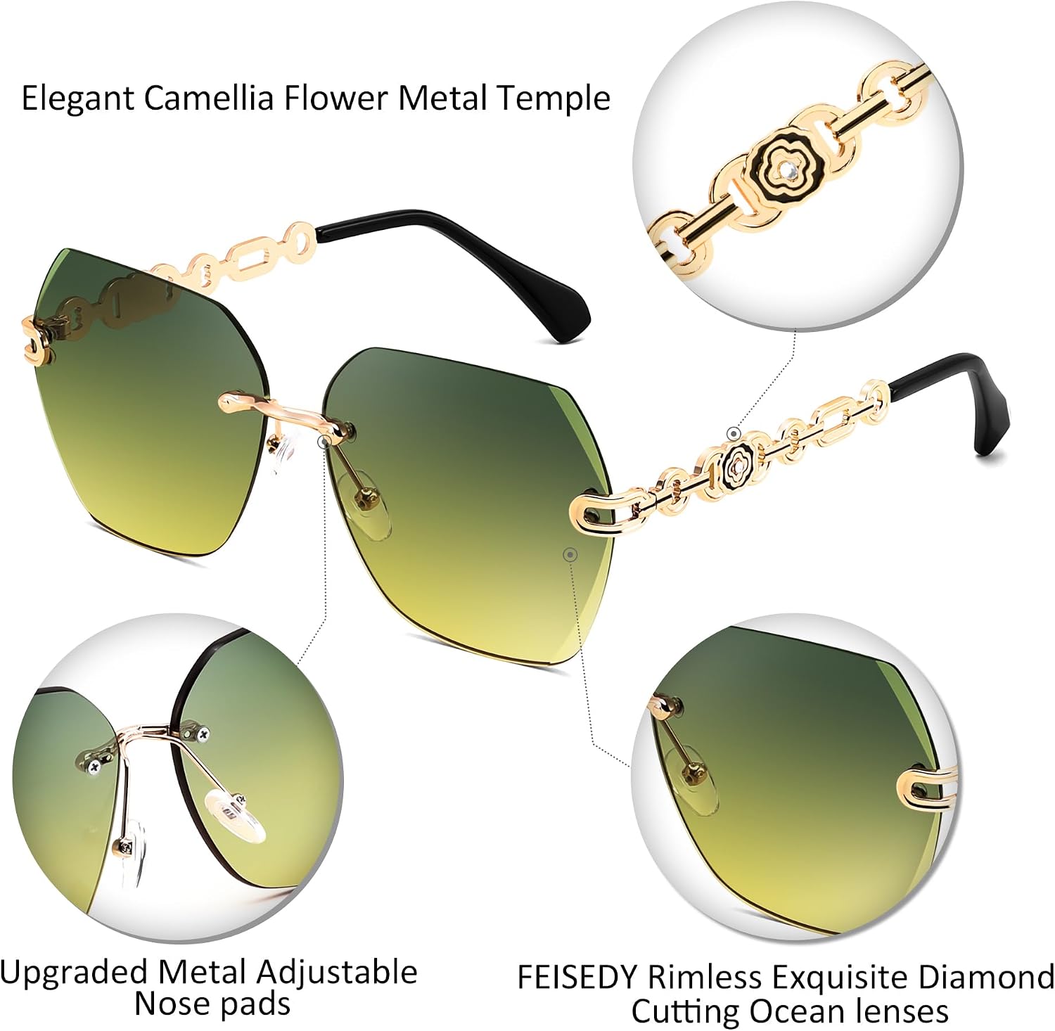 商品图片 50 | B083VRLS2Q | FEISEDY Classic Rimless Sunglasses Women Metal Frame Diamond Cutting Lens Sun Glasses B2567