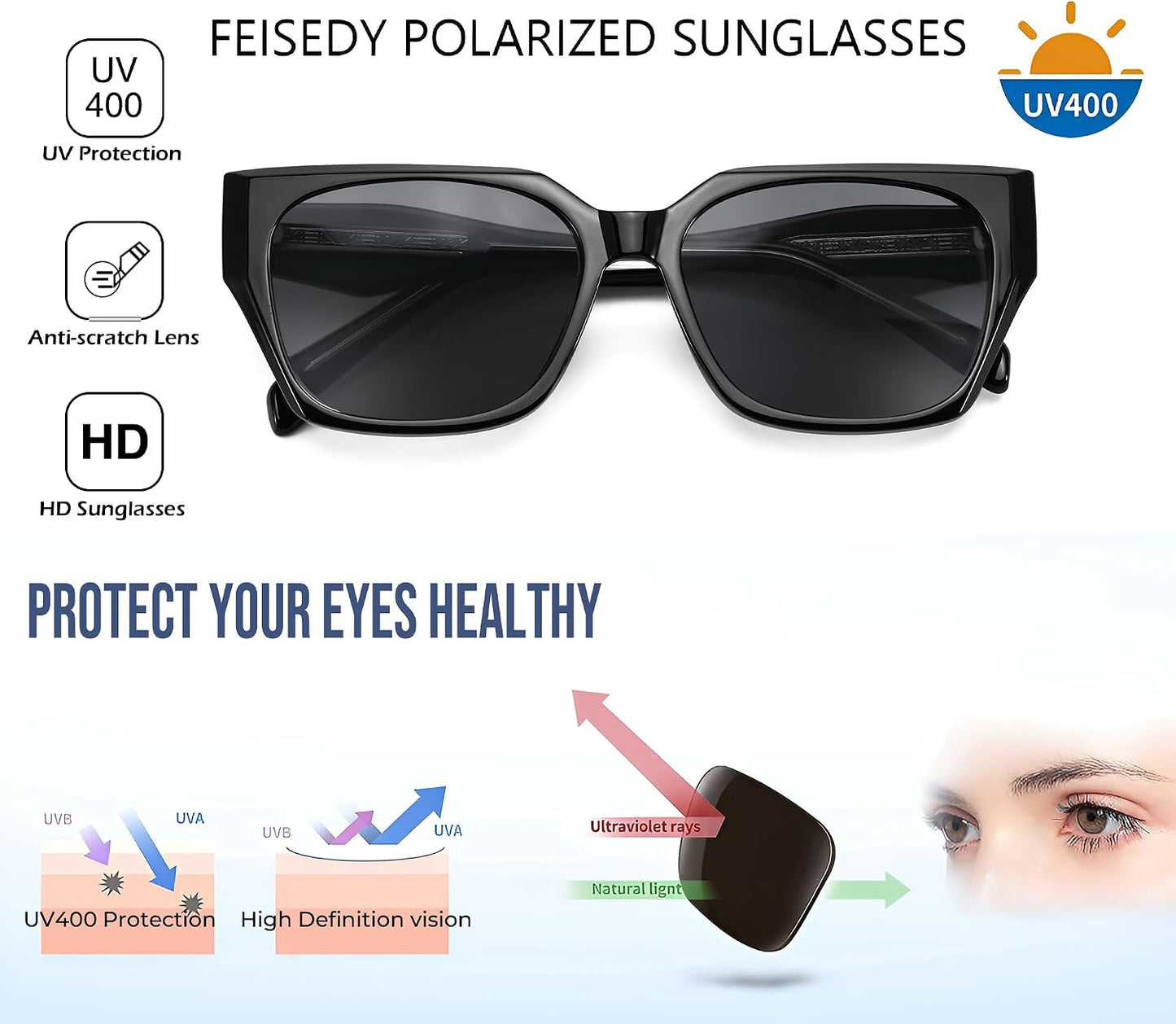 商品图片 5 | B0CWH35L5W | FEISEDY Square Fashion Sunglasses for Men Women Trendy Chunky Rectangle Sun Glasses Designer Style Shades B0107