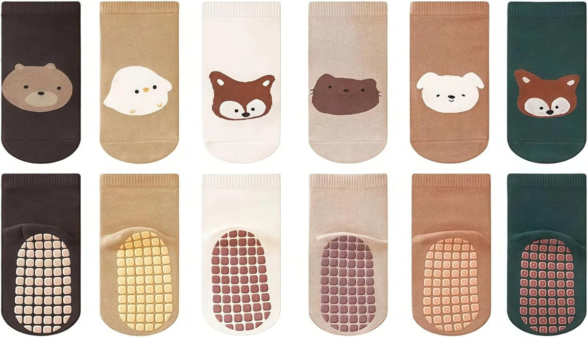 6 Pcs | B0H2HPSHPY | 6 Pairs Baby Toddler Non Slip Socks with Grippers, Crew Cartoon Animal Grip Socks for Kids Boys Girls 1-3 Years