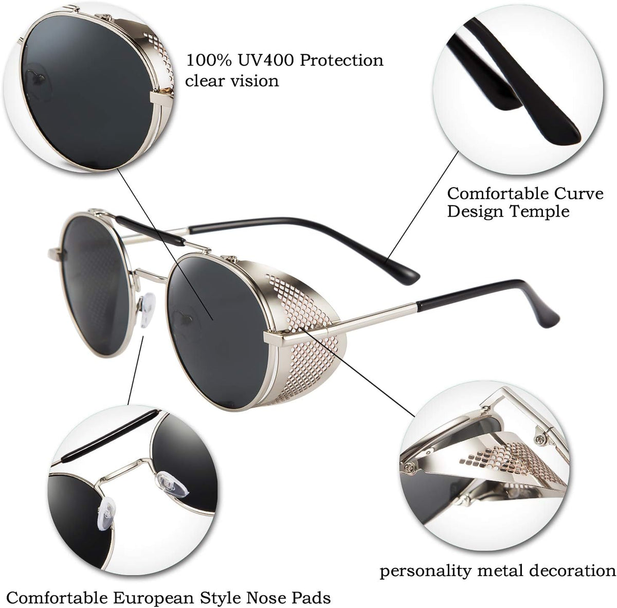 ÉÌƷͼƬ 26 | B09LYD9SW2 | FEISEDY Steam Punk Sunglasses for Men Women Side Shield Round Steampunk Vintage Glasses Shades B2518