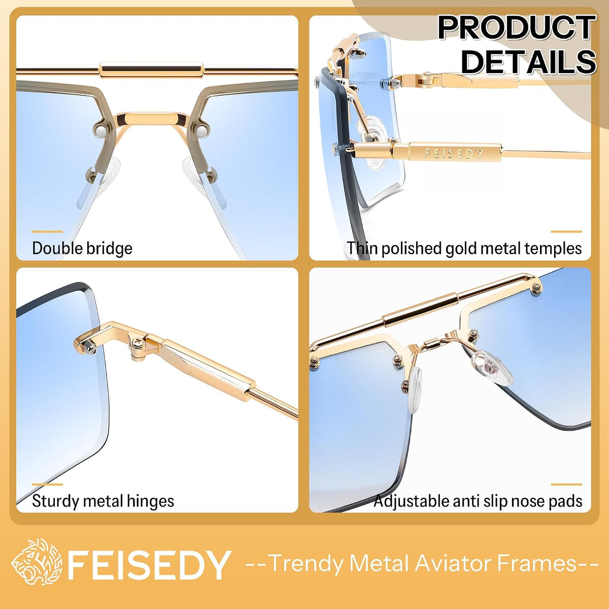 商品图片 11 | B0HFJXV98G | FEISEDY Rimless Aviator Sunglasses for Women Men Luxury UV400 Shades
