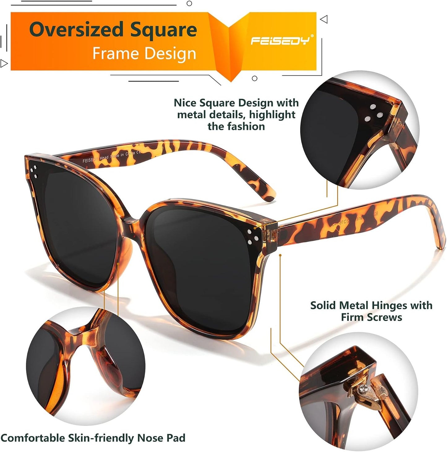 商品图片 60 | B0871BKMTN | FEISEDY Oversized Polarized Sunglasses - UV400 Protection, Square Fashion Sun Glasses for Outdoor & Daily B2600
