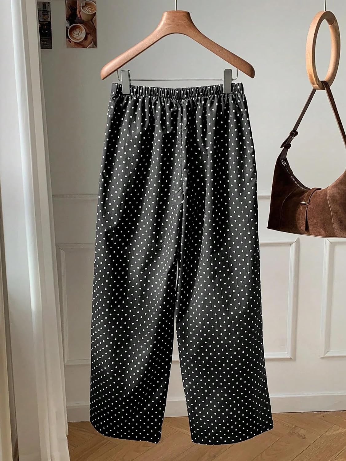 商品图片 5 | B0H2VK5DLH | Women Black Polka Dots Wide Leg Pants, Drawstring Elastic Waist Casual Lounge Sweatpants with Pockets