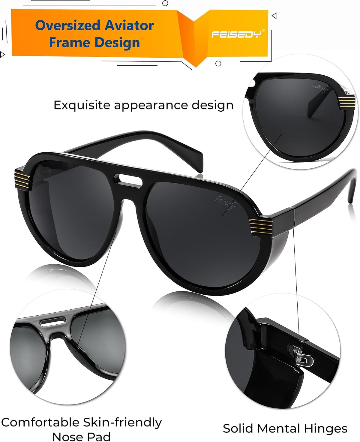 ÉÌƷͼƬ 11 | B0CT8R8S1H | FEISEDY Steampunk with Side Shields Aviator Sunglasses for Men Women 80s Retro Flat Top Oversized Polarized Shades B0096