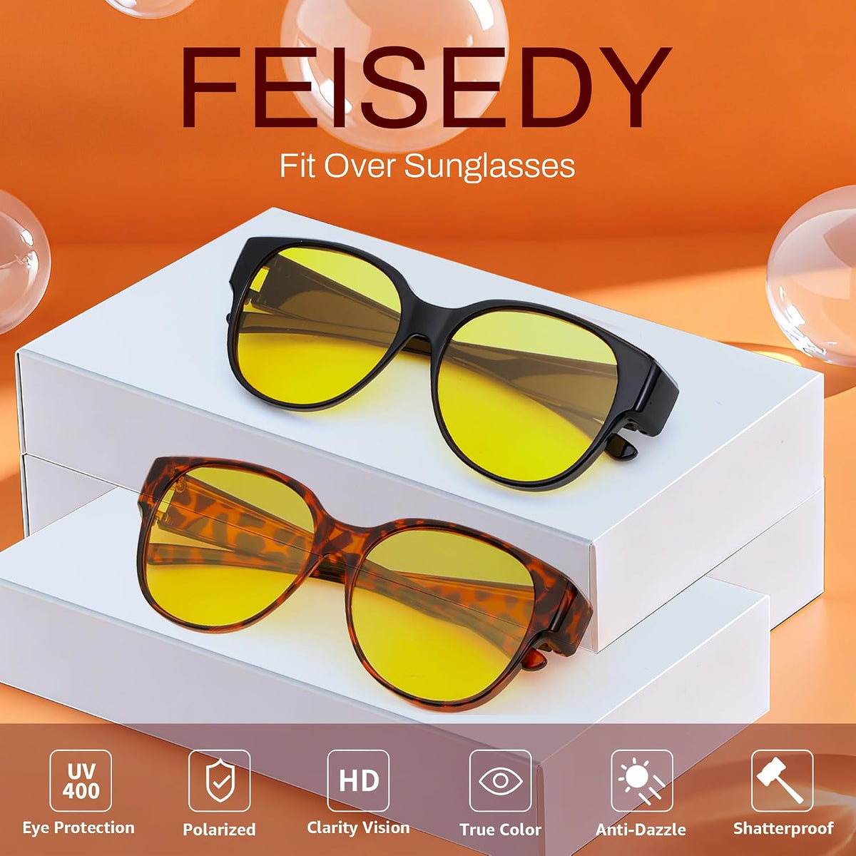 ÉÌƷͼƬ 31 | B0FX4NQCGM | FEISEDY 2Pack Night Driving Glasses Over Glasses with Yellow Lenses Fit Over Polarized Nighttime Sunglasses B0331
