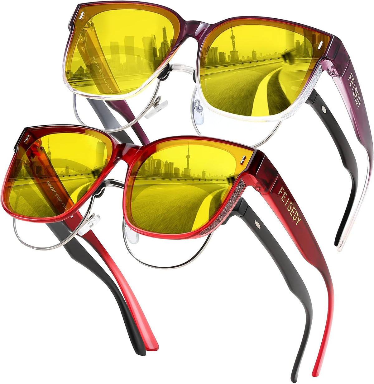 Z2pack (Yellow Lens - Gradual Red Frame + Yellow Lens - Gradual Purple Frame) / 64 Millimeters | B0FWKCZXVR | FEISEDY Sunglasses That Fit Over Glasses for Women Men UV400 B0269