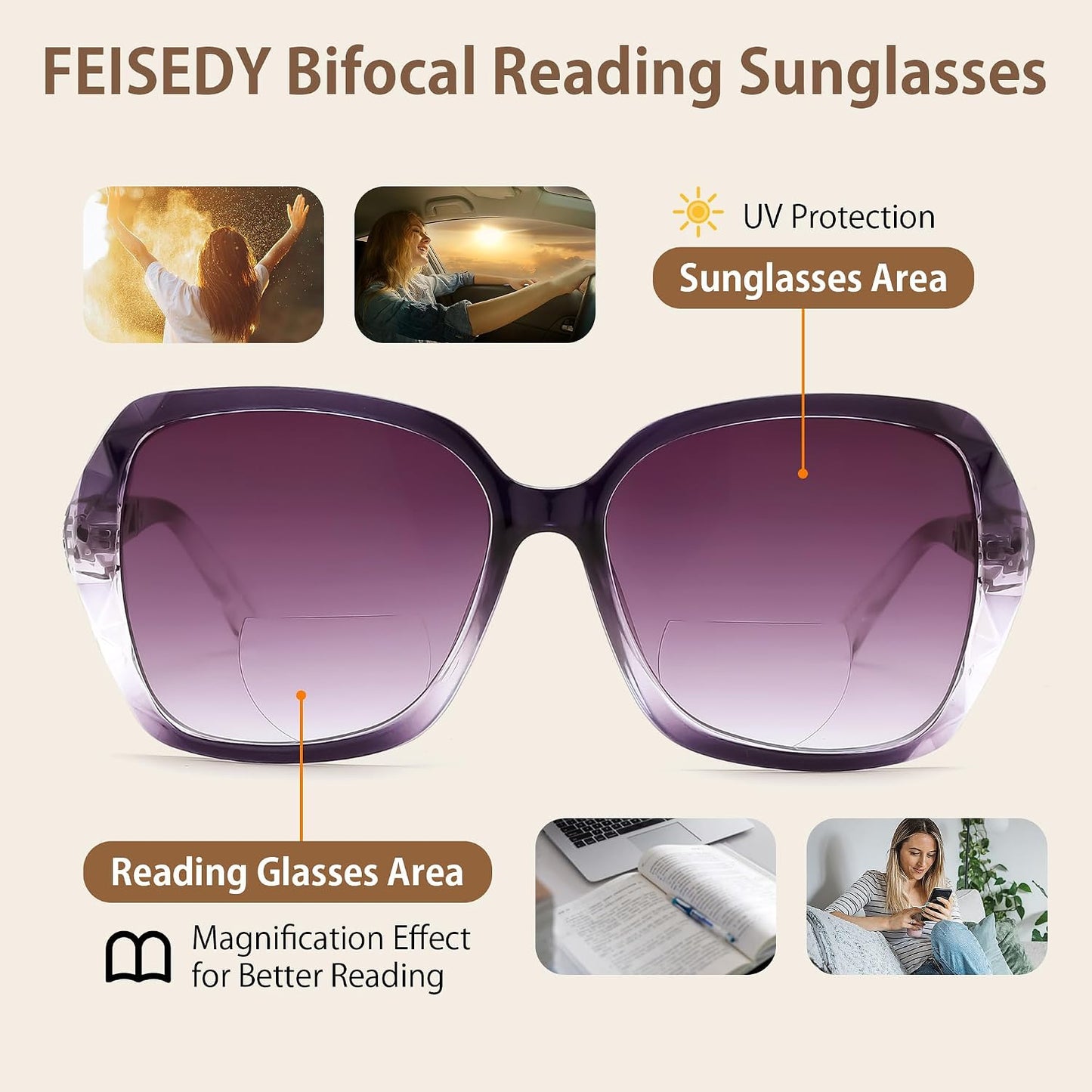 商品图片 3 | B0GSVYSZZX | FEISEDY Oversized Butterfly Bifocal Sunglasses Reader for Women B0353