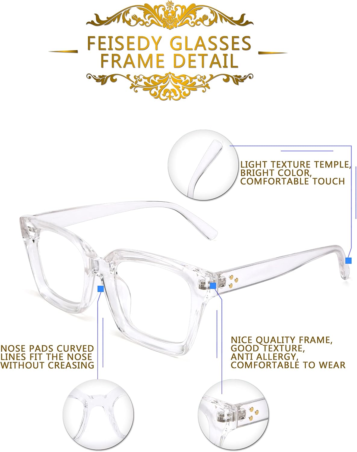ÉÌƷͼƬ 44 | B082SGFPVF | FEISEDY Glasses Frame Womens, Square Thick Eyeglasses Frame, Classic Eyewear for Men B2461