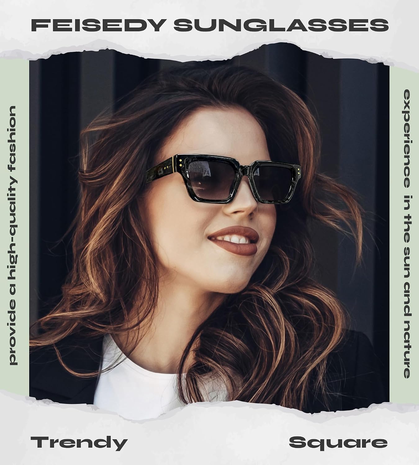 商品图片 2 | B0CHMMTXNK | FEISEDY Retro Rectangle Sunglasses Trendy Chunky Square Sun Glasses for Women Men UV400 Protection B0073
