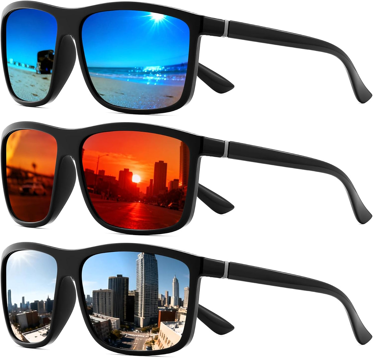 Black/Blue+black/Red+black/Sliver / 55 Millimeters | B0FPM766GP | FEISEDY Square Polarized Sunglasses For Men Women B0322