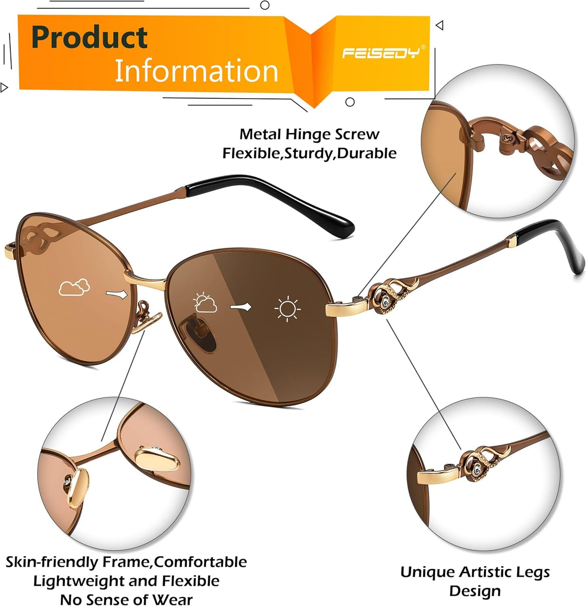 ÉÌƷͼƬ 10 | B0DCZMV6Y9 | FEISEDY Oval Photochromic Polarized Sunglasses Women Retro Metal Rhinestone Sunglasses Classic UV400 Protection B1119