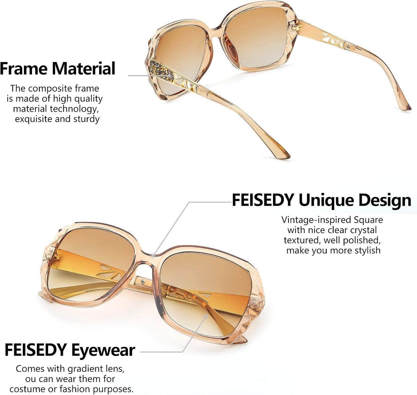商品图片 6 | B09ZP8KJL4 | FEISEDY Women Square Reading Sunglasses Sparkling Composite Shiny Frame Sun Reader Glasses B2923