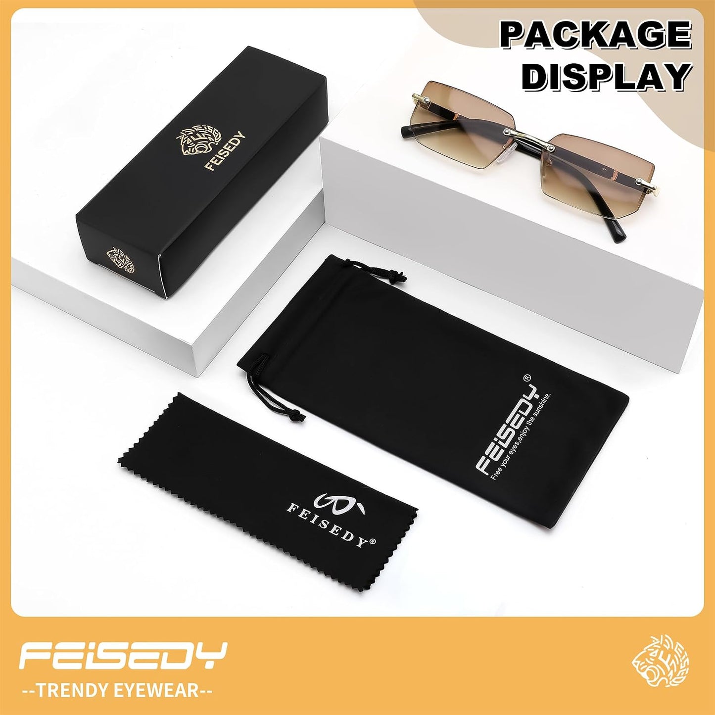 商品图片 88 | B0CY2Q4VW1 | FEISEDY Rimless Sunglasses Y2K Retro Small Narrow Rectangle Shades B2643