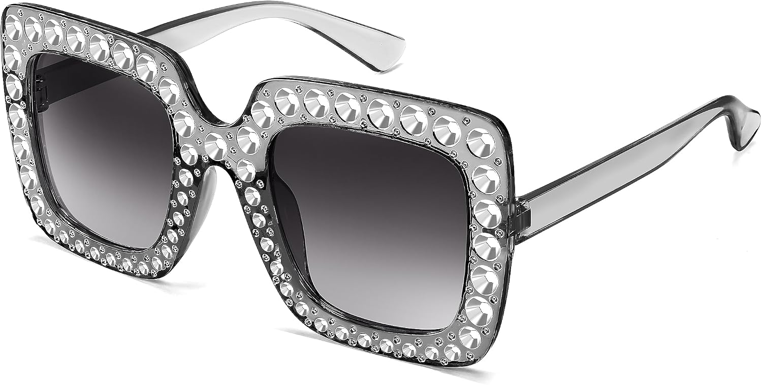 Transparent Grey Frame | Gradient Grey Lens / 40 Millimeters | B0CFHKQRV6 | FEISEDY Kids Sunglasses for Girls Oversized Square Sparkling Party Sun Glasses Lightweight Fashion Shades B0053