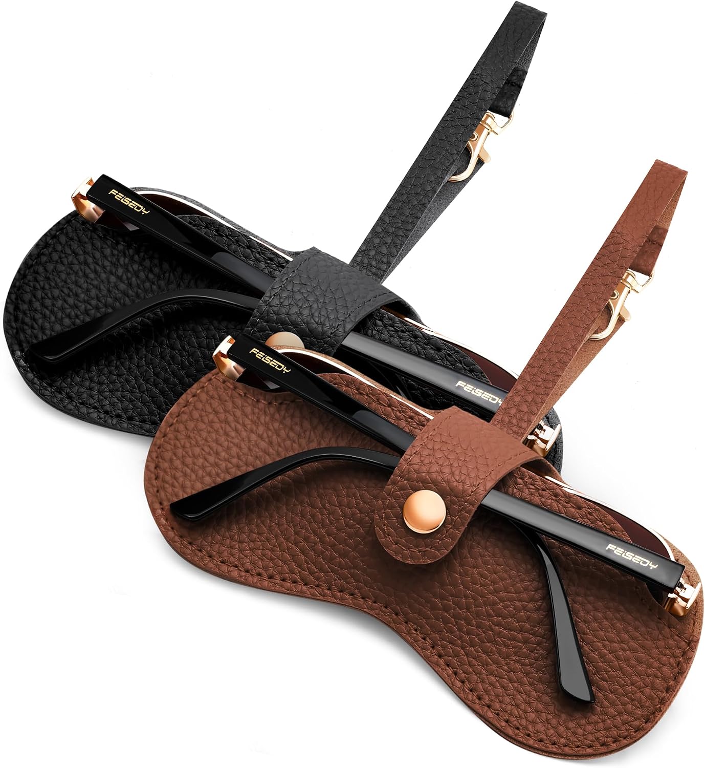 Black+Brown | B0FMXSSDRB | FEISEDY Sunglass Case, 2Pcs Soft Leather Eyeglass Cases for Women | Slim Portable Glasses Holder, with Button-Closure Wrist Strap for Travel & Outdoor B0308