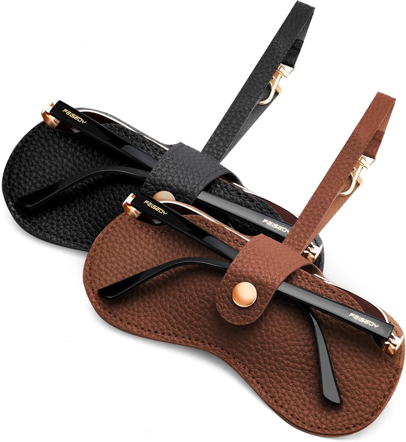 Black+Brown | B0FMXSSDRB | FEISEDY Sunglass Case, 2Pcs Soft Leather Eyeglass Cases for Women | Slim Portable Glasses Holder, with Button-Closure Wrist Strap for Travel & Outdoor B0308