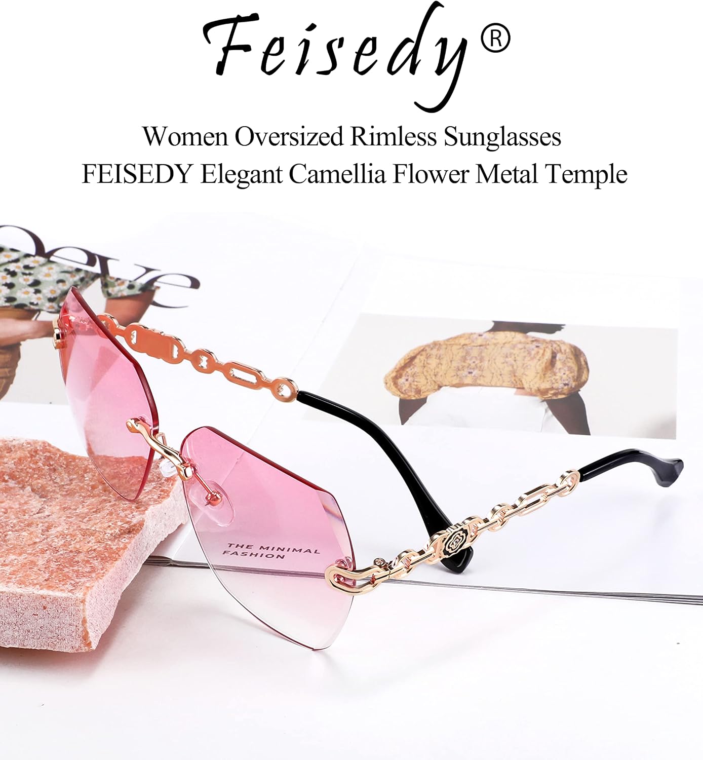 商品图片 38 | B083VRLS2Q | FEISEDY Classic Rimless Sunglasses Women Metal Frame Diamond Cutting Lens Sun Glasses B2567