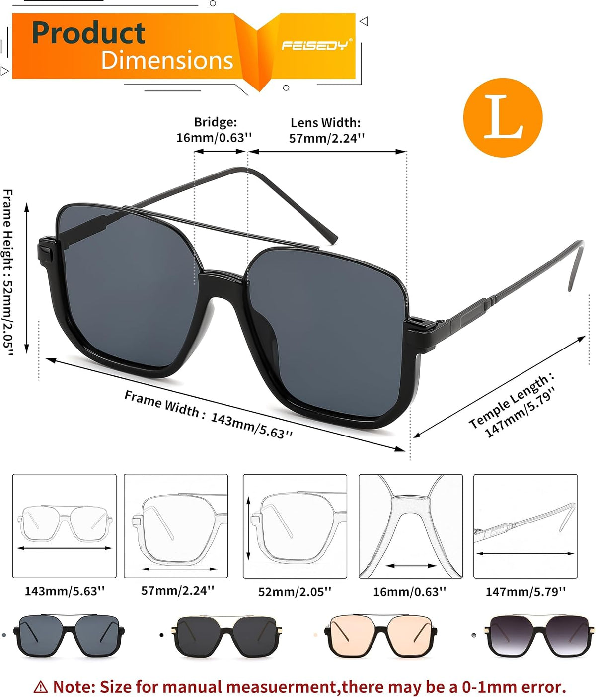 ÉÌƷͼƬ 13 | B0GXYGJLHV | FEISEDY Retro Square Aviator Sunglasses for Women Men Y2K Oversized B0432