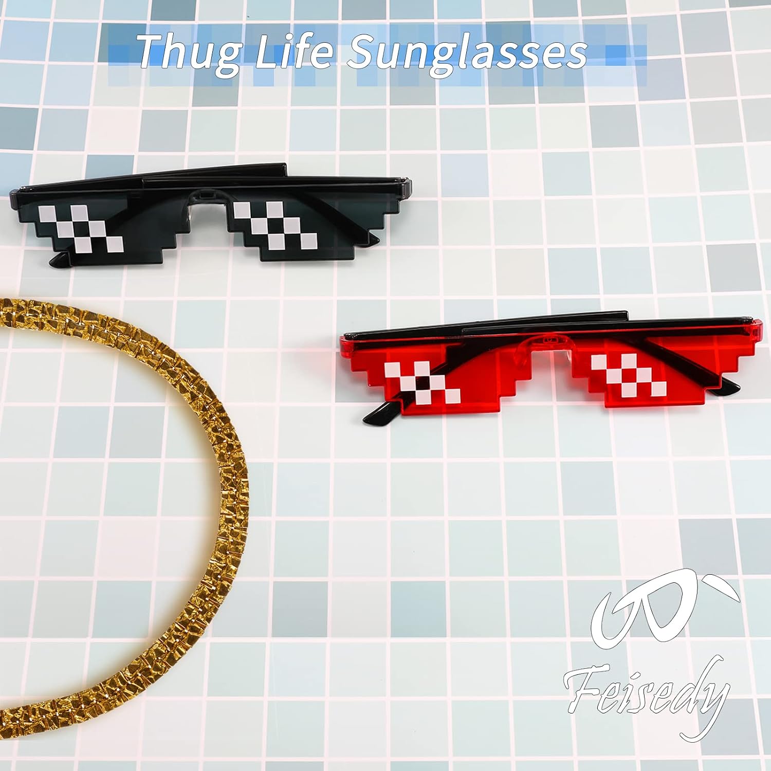 商品图片 15 | B09SCSCKL3 | FEISEDY 2PACK Thug Life Sunglasses Funny Pixelated Mosaic Gamer Glasses Party Disco Cool B2876-F2
