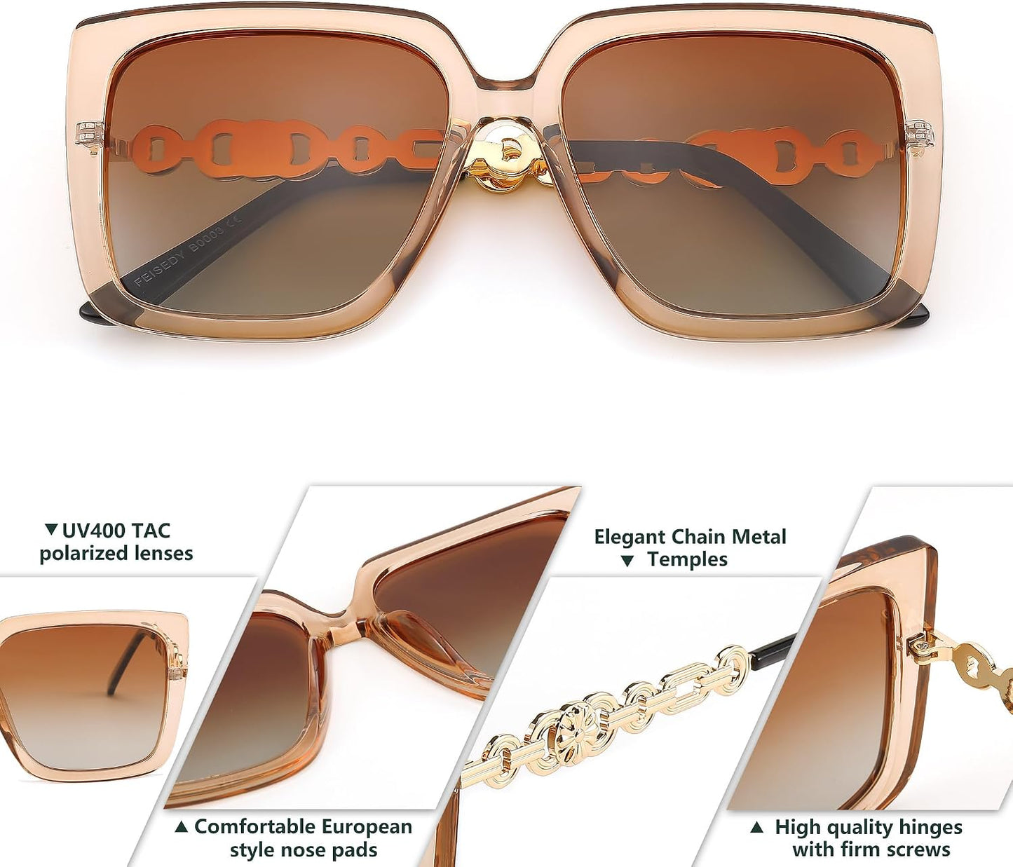 商品图片 61 | B08HVPGJW5 | FEISEDY Sunglasses Womens Trendy, Oversized Square Shades, Pearl Inlay Cat Eye Frame UV400 Protection B2625