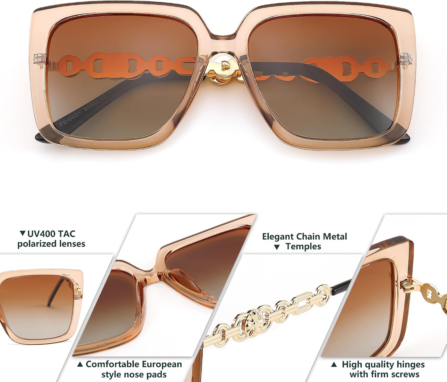 商品图片 61 | B08HVPGJW5 | FEISEDY Sunglasses Womens Trendy, Oversized Square Shades, Pearl Inlay Cat Eye Frame UV400 Protection B2625