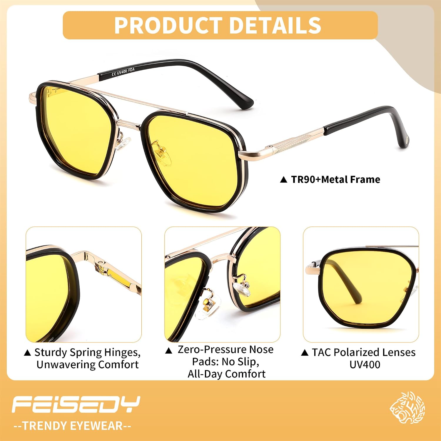 商品图片 38 | B0FQ4Y7FV6 | FEISEDY Polarized Aviator Sunglasses for Women Men Square TAC Lens B0329 | UV400 protection, Lightweight, Military-grade durability, Spring temples, Climate Pledge Friendly, Driving, Beach