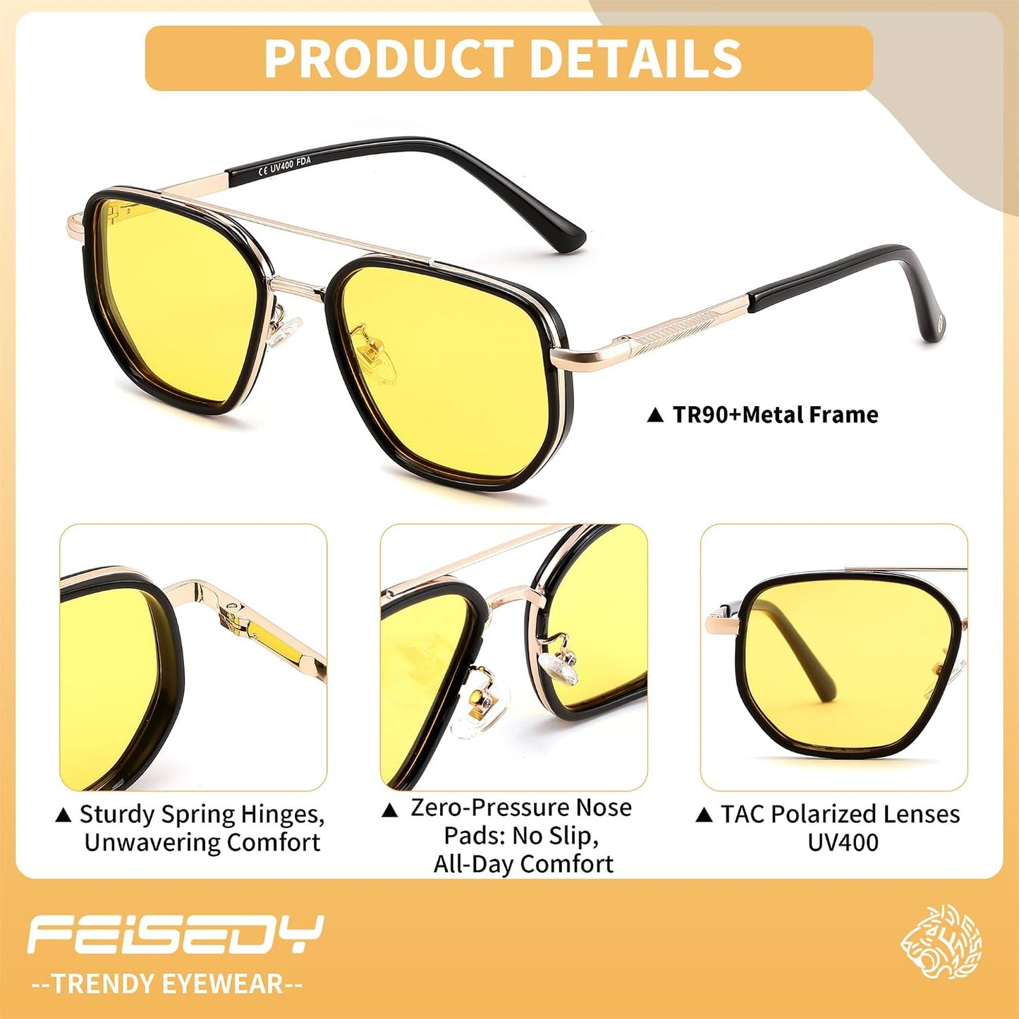 商品图片 38 | B0FQ4Y7FV6 | FEISEDY Polarized Aviator Sunglasses for Women Men Square TAC Lens B0329 | UV400 protection, Lightweight, Military-grade durability, Spring temples, Climate Pledge Friendly, Driving, Beach