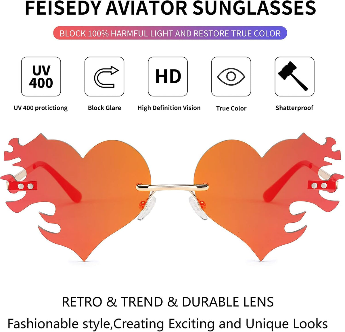 ÉÌƷͼƬ 21 | B0D9428ZX6 | FEISEDY Melting Flame Heart Sunglasses For Women Men Trendy Rimless Fire Shaped Party Glasses B2366