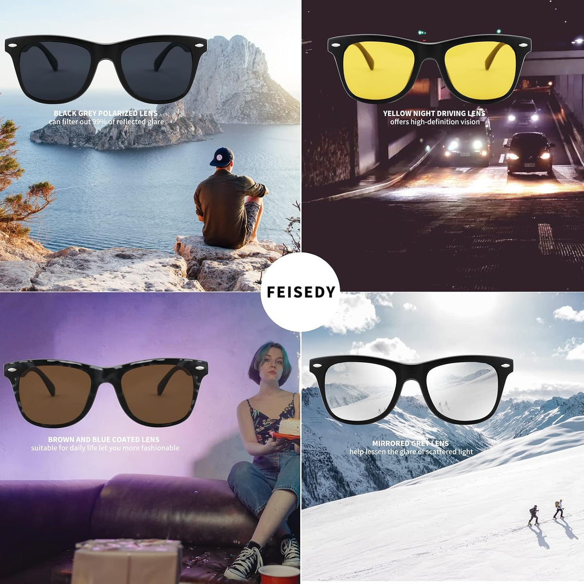 商品图片 11 | B09R13L9H4 | FEISEDY Magnetic Clip on Sunglasses TR90 Frame TAC 5pcs Replacement Lens Set Sunglasses for Men Women B2884