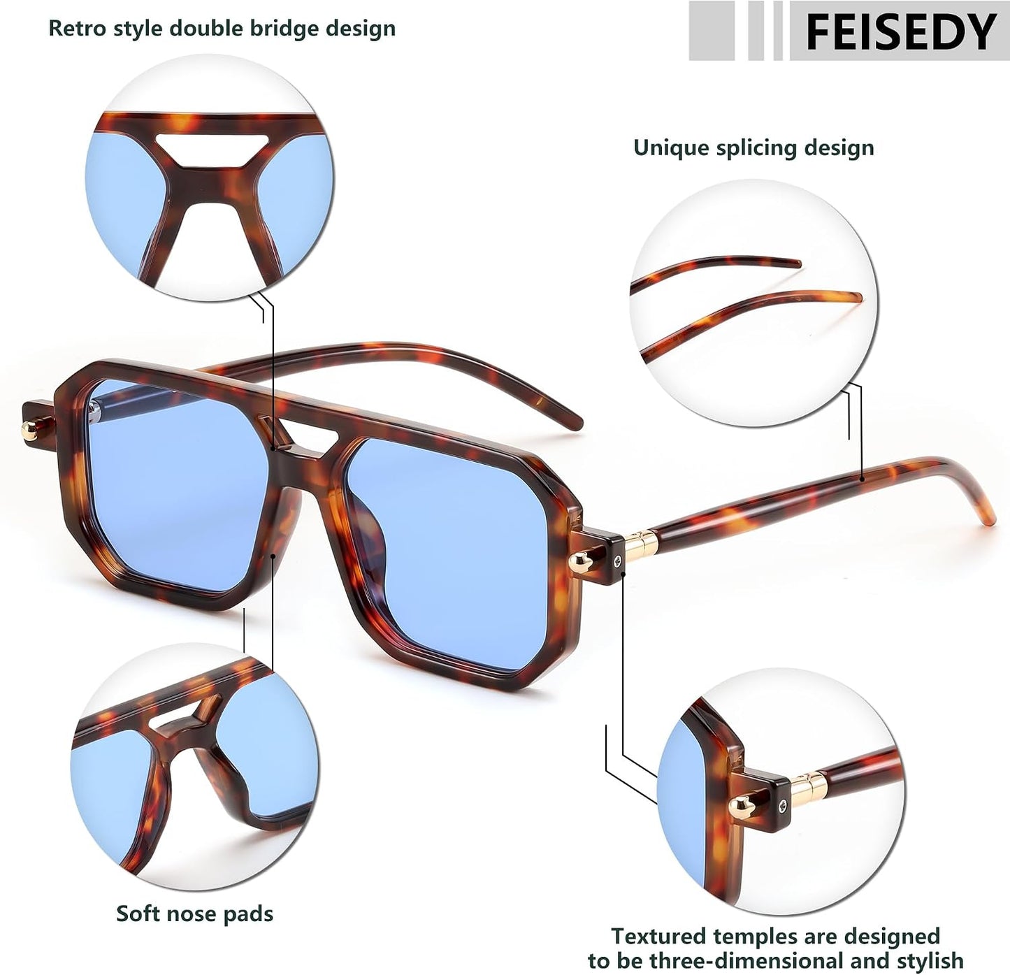 商品图片 170 | B09YTJ4FQZ | FEISEDY Vintage Square 70s Flat Aviator Sunglasses Women Men Classic Retro Stylish Frame UV400 Sunglasses B2622